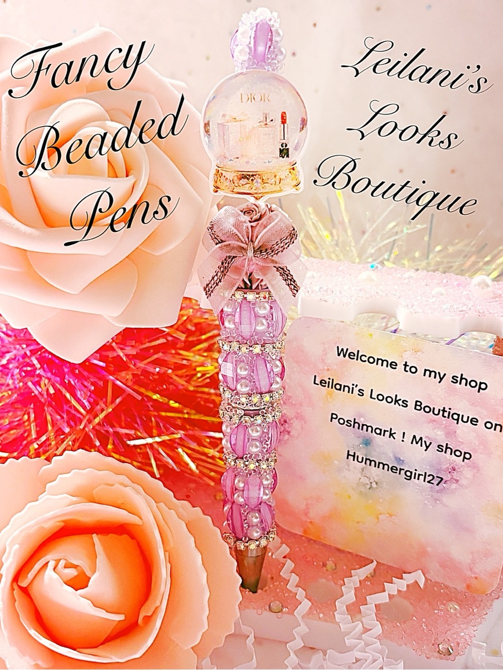 Fancy beaded pen/gifts/snow globe/purple flowers/